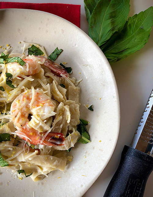 Cauliflower Alfredo with Shrimp and Basil